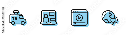 Set line Live stream, TV News car, World news and icon. Vector