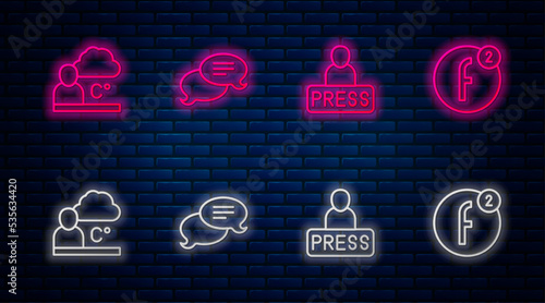 Set line Speech bubble chat, Journalist news, Weather forecast and Create account. Glowing neon icon on brick wall. Vector
