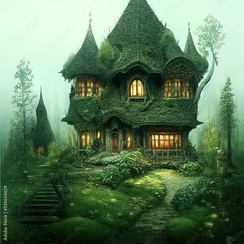 Fairytale landscape: house covered by moss in magic green forest, digital art illustration made with generative AI