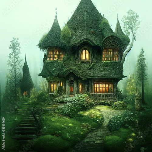 Fairytale landscape  house covered by moss in magic green forest  digital art illustration made with generative AI