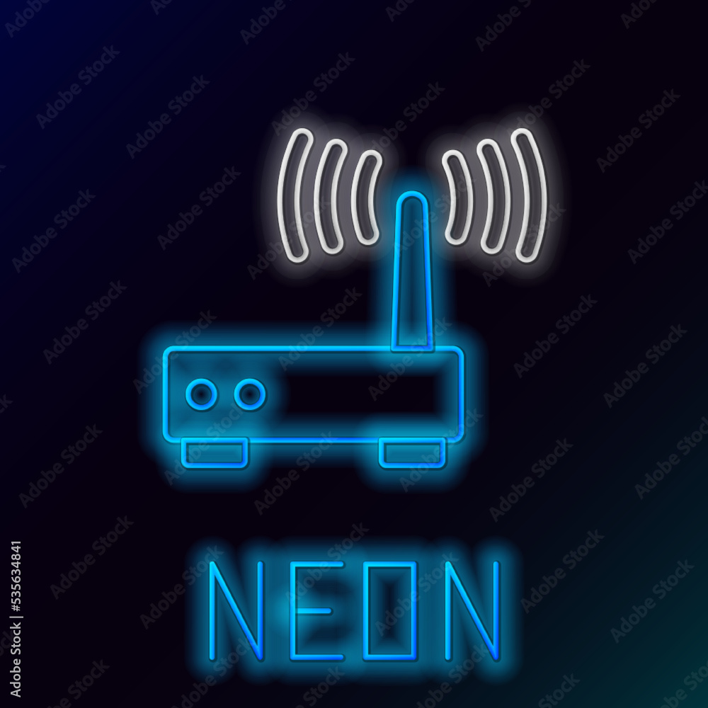 Glowing neon line Router and wi-fi signal icon isolated on black background. Wireless ethernet modem router. Computer technology internet. Colorful outline concept. Vector Glowing neon line Router and wi-fi signal icon isolated on black background. Wireless ethernet modem router. Computer technology internet. Colorful outline concept. Vector