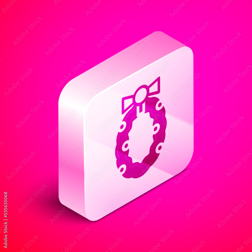 Isometric Christmas wreath icon isolated on pink background. Merry Christmas and Happy New Year. Silver square button. Vector