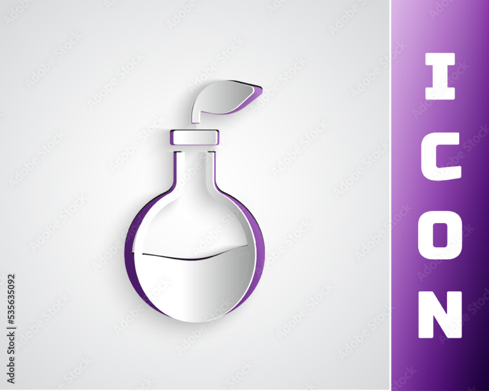 Paper cut Plant breeding icon isolated on grey background. Plants growing in the test tubes. Organic food ,agriculture and hydroponic. Paper art style. Vector