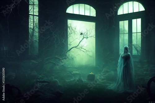 ghost woman in abandoned building Halloween background
