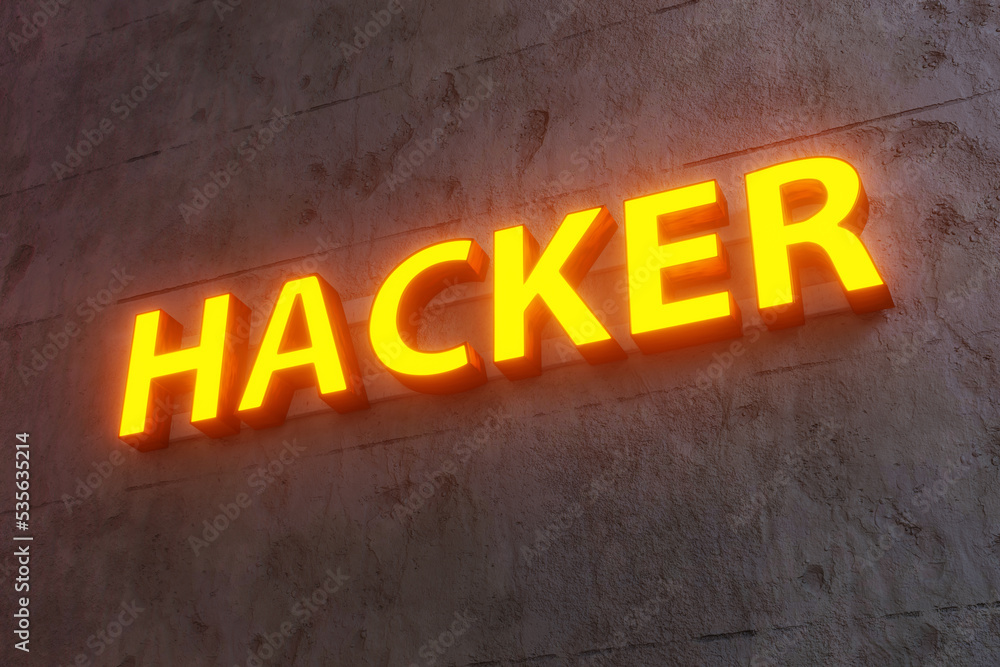 Light box showing the word hacker on old concrete plaster wall. Illustration of the Internet security and the threats of spyware and email phishing Light box showing the word hacker on old concrete plaster wall. Illustration of the Internet security and the threats of spyware and email phishing