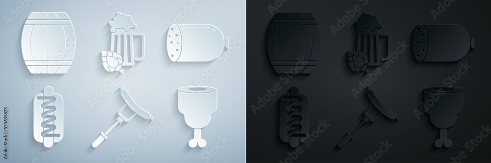Set Sausage on the fork, Salami sausage, Hotdog sandwich with mustard, Chicken leg, Glass of beer hop and Wooden barrel icon. Vector Set Sausage on the fork, Salami sausage, Hotdog sandwich with mustard, Chicken leg, Glass of beer hop and Wooden barrel icon. Vector