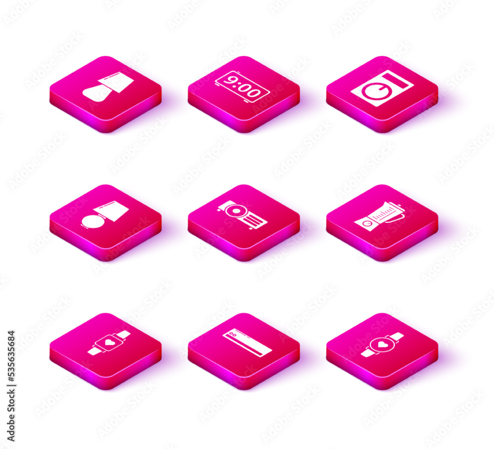 Set Smart watch showing heart beat rate, Air conditioner, Table lamp, , Blender, Remote control and Digital alarm clock icon. Vector Set Smart watch showing heart beat rate, Air conditioner, Table lamp, , Blender, Remote control and Digital alarm clock icon. Vector
