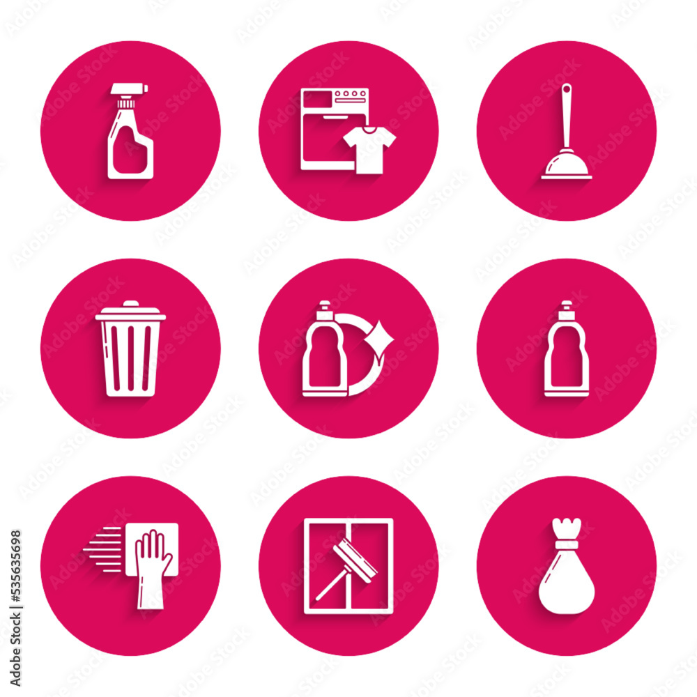 Set Plastic bottles for liquid dishwashing liquid, Squeegee, scraper, wiper, Garbage bag, Cleaning service, Trash can, Toilet plunger and spray with detergent icon. Vector Set Plastic bottles for liquid dishwashing liquid, Squeegee, scraper, wiper, Garbage bag, Cleaning service, Trash can, Toilet plunger and spray with detergent icon. Vector