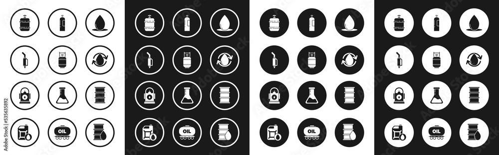 Set Oil drop, Propane gas tank, Gasoline pump nozzle, Industrial cylinder, Barrel oil and Petrol or station icon. Vector Set Oil drop, Propane gas tank, Gasoline pump nozzle, Industrial cylinder, Barrel oil and Petrol or station icon. Vector