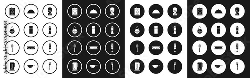 Set Blender, Refrigerator, Ball tea strainer, Cookbook, Pepper, Covered with tray of food, and Honey dipper stick icon. Vector