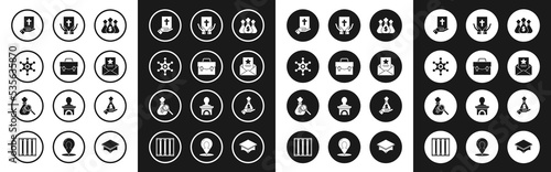 Set Money bag, Briefcase, Hexagram sheriff, Oath the Holy Bible, The arrest warrant, Hand holding money and magnifying glass icon. Vector