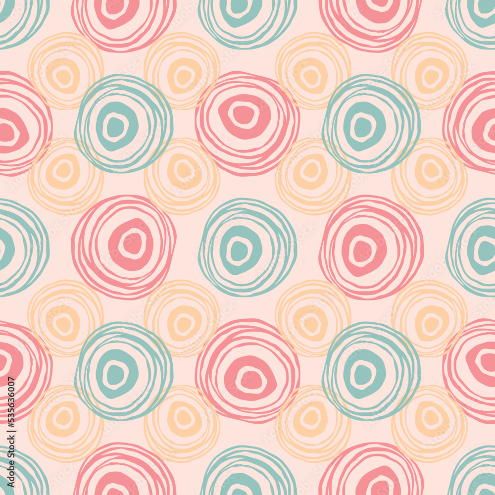 Scribble circles texture. Green, red, orange and pink colors. Regular abstract seamless pattern. Hand drawn elements background for wrapping, fabric, wallpaper or cards.