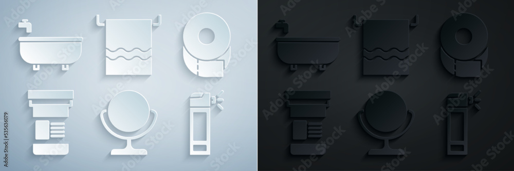 Set Round makeup mirror, Toilet paper roll, Medicine bottle, Bottle with nozzle spray, Towel on hanger and Bathtub icon. Vector Set Round makeup mirror, Toilet paper roll, Medicine bottle, Bottle with nozzle spray, Towel on hanger and Bathtub icon. Vector