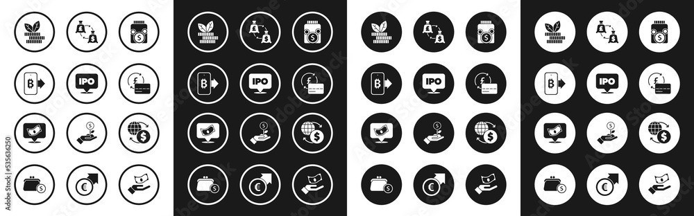 Set Glass money jar with coin, IPO, Mining bitcoin from mobile, Dollar plant, Credit card, Currency exchange, Money and Stacks paper cash icon. Vector Set Glass money jar with coin, IPO, Mining bitcoin from mobile, Dollar plant, Credit card, Currency exchange, Money and Stacks paper cash icon. Vector