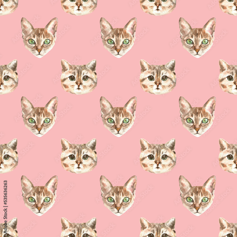 Watercolor cat pattern, cute fabric design for kids, cat breeds, british ,pale background seanpless pattern, scrapbooking,wallpaper,wrapping, gift,paper, for clothes, children textile,digital paper, 