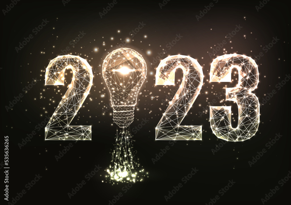 Abstract 2023 vision, startup concept banner. Futuristic glowing polygonal style on black background Abstract 2023 vision, startup concept banner. Futuristic glowing polygonal style on black background
