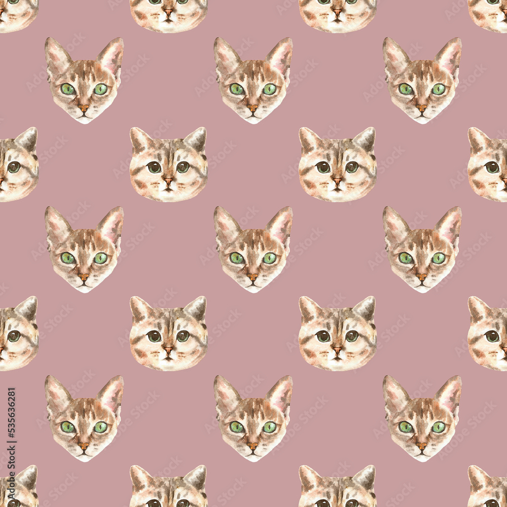 Watercolor cat pattern, cute fabric design for kids, cat breeds, british ,pale background seanpless pattern, scrapbooking,wallpaper,wrapping, gift,paper, for clothes, children textile,digital paper, 