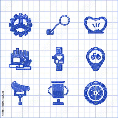 Set Smart watch, Award cup with bicycle, Bicycle wheel, Location, seat, Gloves, punctured tire and sprocket crank icon. Vector