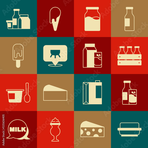 Set Butter in a butter dish, Bottle milk and glass, Bottled wooden box, with, Udder, Ice cream, Milk product and Paper package for kefir icon. Vector