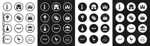 Set Castle, Paw print, Lollipop, High striker attraction with big hammer, Drum drum sticks, Circus tent, Attraction carousel and Party hat icon. Vector
