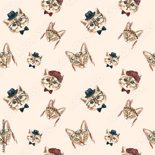 Watercolor cat pattern, cute fabric design for kids, beige background seanpless pattern, scrapbooking,wallpaper,wrapping, gift,paper, for clothes, children textile,digital paper, repeating background