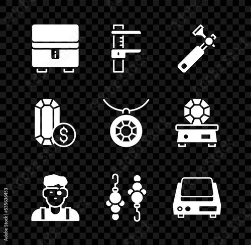 Set Jewelry box, Calliper or caliper and scale, Jewelers lupe, man, Earrings, Electronic jewelry scales, online shopping and Pendant necklace icon. Vector