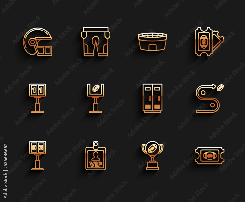 Set line Sport football mechanical scoreboard and result display, Football ticket, goal post, Planning strategy concept and Locker changing room for football, basketball team workers icon. Vector Set line Sport football mechanical scoreboard and result display, Football ticket, goal post, Planning strategy concept and Locker changing room for football, basketball team workers icon. Vector