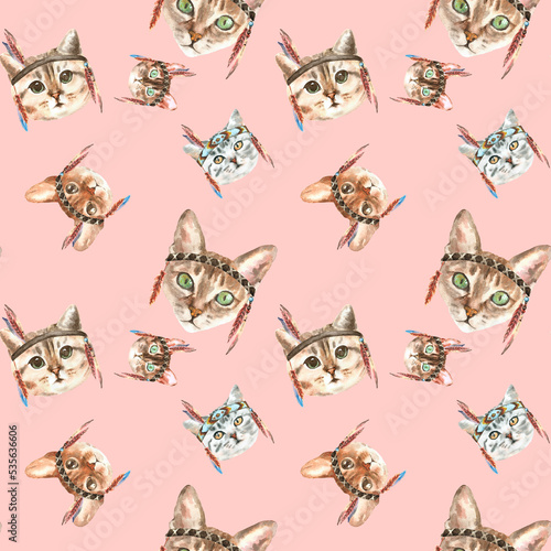 Watercolor cat pattern, cute fabric design for kids, native american costume, peach background seanpless pattern, scrapbooking,wallpaper,wrapping, gift,paper, for clothes, children textile,digital 