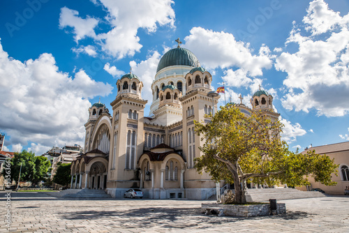 Agios Andreas the landmark church and the metropolis of Patras on a beautiful day with perfect sky color and few clouds, Achaia, Peloponnese, Greece
