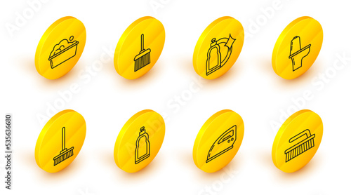 Set line Brush for cleaning, Electric iron, Plastic bottles liquid dishwashing liquid, Mop, Toilet bowl, Handle broom and basin with soap suds icon. Vector