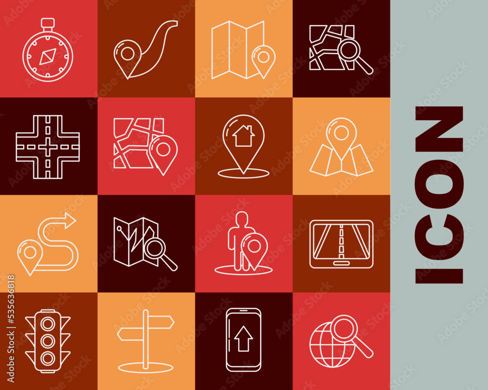 Set line Magnifying glass with globe, Infographic of city map navigation, Folded location marker, Road traffic sign, Compass and Map pointer house icon. Vector Set line Magnifying glass with globe, Infographic of city map navigation, Folded location marker, Road traffic sign, Compass and Map pointer house icon. Vector