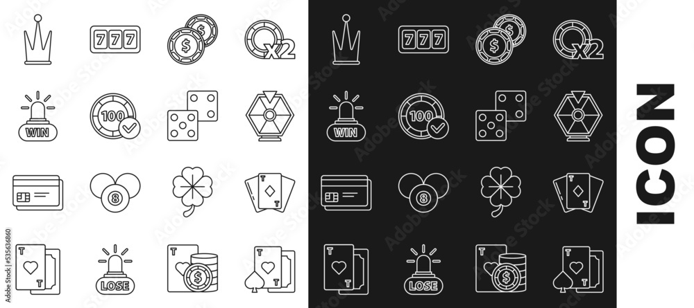 Set line Playing card with heart, diamonds, Lucky wheel, Casino chip dollar, chips, win, Crown and Game dice icon. Vector Set line Playing card with heart, diamonds, Lucky wheel, Casino chip dollar, chips, win, Crown and Game dice icon. Vector