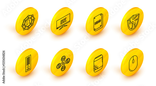 Set line Computer mouse, Voice assistant, Drone, Video game console, Cyber security, Hard disk drive HDD, Monitor display with 5k video and Project team base icon. Vector