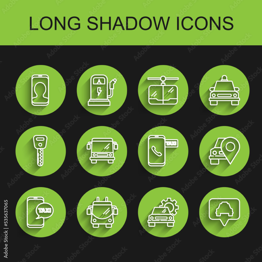 Set line Taxi call telephone service, Trolleybus, Car, Map pointer with taxi, Bus, and icon. Vector Set line Taxi call telephone service, Trolleybus, Car, Map pointer with taxi, Bus, and icon. Vector