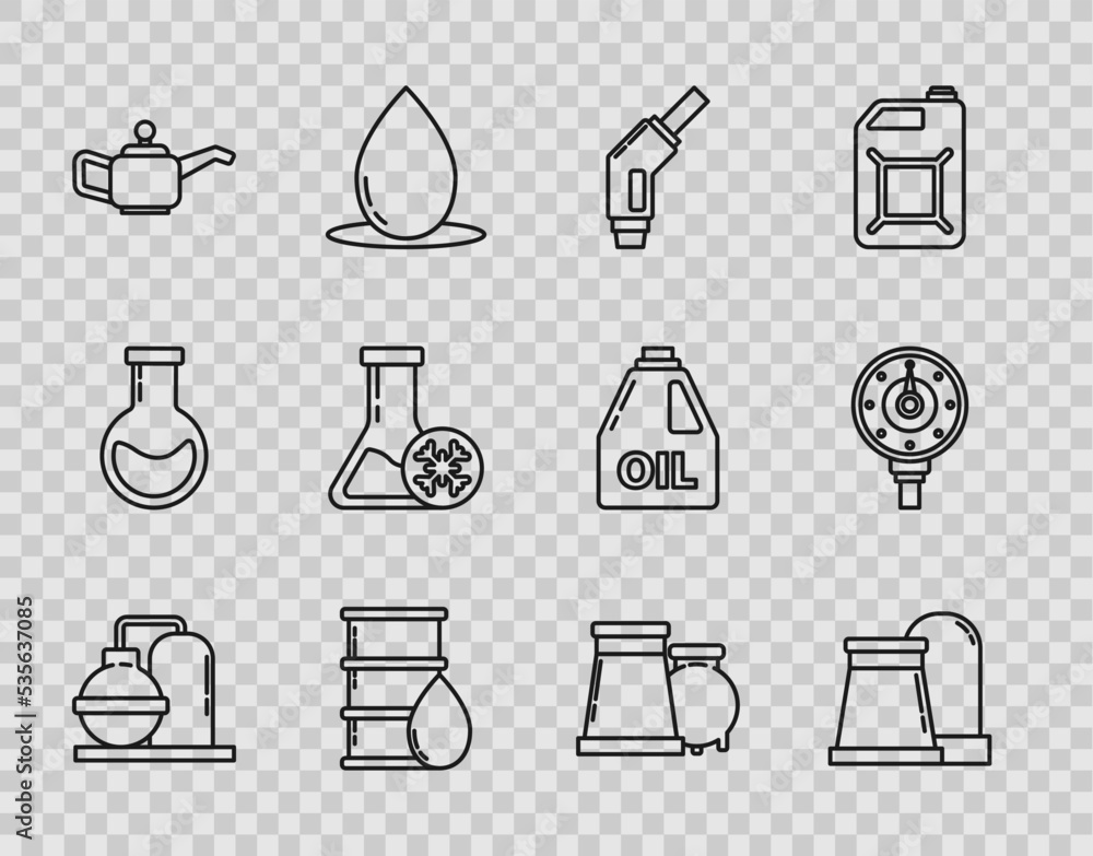 Set line Oil and gas industrial factory building, Gasoline pump nozzle, Barrel oil, Canister for motor machine, Antifreeze test tube, and Motor gauge icon. Vector Set line Oil and gas industrial factory building, Gasoline pump nozzle, Barrel oil, Canister for motor machine, Antifreeze test tube, and Motor gauge icon. Vector