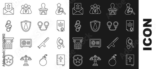 Set line Holy bible book, Magnifying glass with footsteps, Certificate template, Stage stand or debate podium rostrum, Tie, Handcuffs, The arrest warrant and icon. Vector