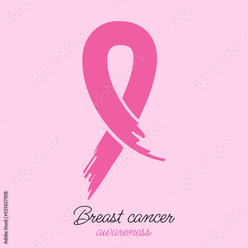 Breast cancer awarness symbol Illustration on light pink background. Hand drawn awareness pink ribbon.