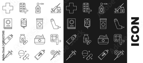 Set line Medical syringe with needle, Pills blister pack, Inhaler, bottle nozzle spray, IV bag, book, Cross hospital medical and Medicine icon. Vector