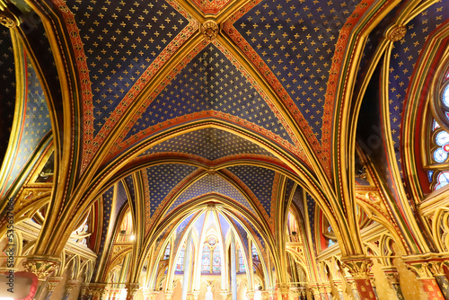 Interior view of the Holy Chapel -Sainte Chapelle in Paris, France. Gothic royal medieval church located in the center of Paris.