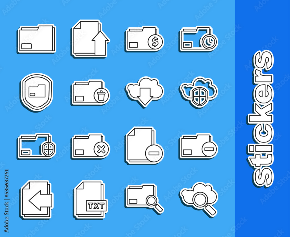 Set line Search cloud computing, Document folder with minus, Cloud and shield, Finance document, Delete, protection, and download icon. Vector Set line Search cloud computing, Document folder with minus, Cloud and shield, Finance document, Delete, protection, and download icon. Vector