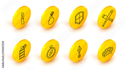 Set line Brass knuckles, Japanese ninja shuriken, Compass, Hand grenade, Crossed baseball bat, Shield, Bomb ready to explode and Military knife icon. Vector