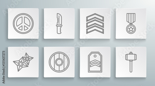 Set line Japanese ninja shuriken, Military knife, Round wooden shield, Chevron, Battle hammer, rank, reward medal and Peace icon. Vector