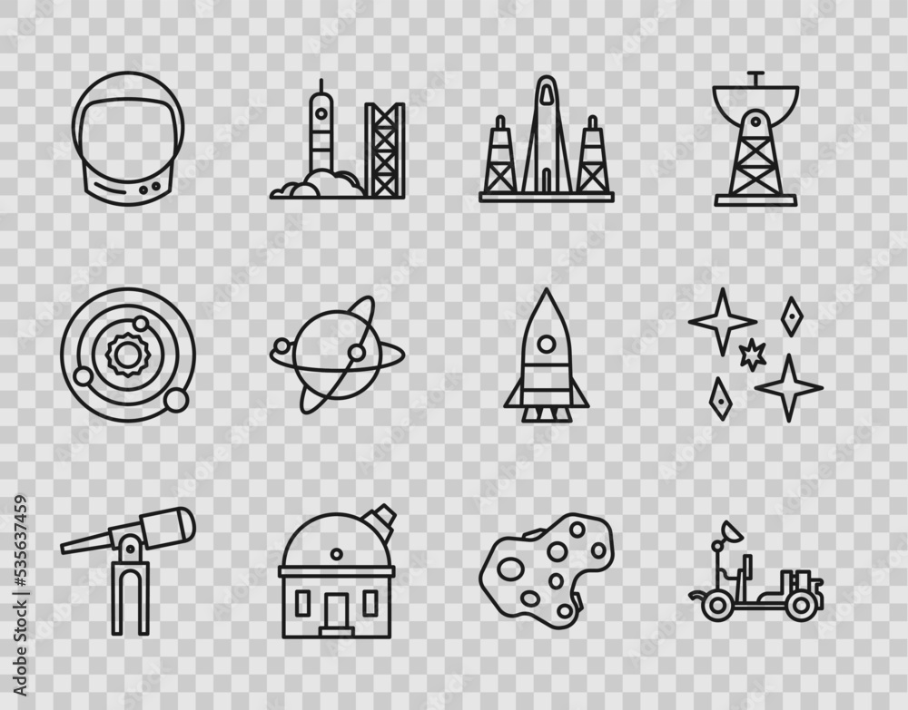 Fototapeta premium Set line Telescope, Mars rover, Rocket launch from the spaceport, Astronomical observatory, Astronaut helmet, Satellites orbiting planet Earth, Asteroid and Planet icon. Vector