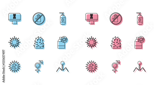 Set line Virus, Gender, DNA spiral and computer, Bacteria bacteriophage, Rabies virus, Bottle with, and No handshake icon. Vector