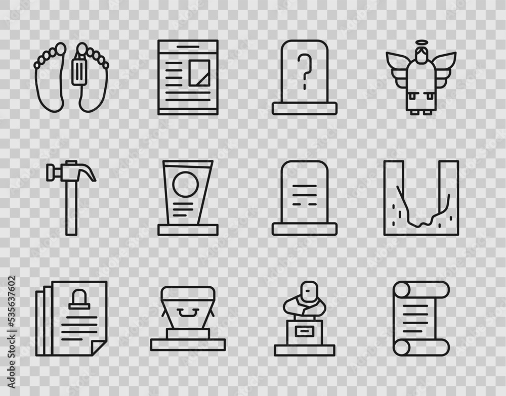 Set line Death certificate, Decree, parchment, scroll, Grave with tombstone, Coffin, Dead body, and Cemetery digged grave hole icon. Vector Set line Death certificate, Decree, parchment, scroll, Grave with tombstone, Coffin, Dead body, and Cemetery digged grave hole icon. Vector