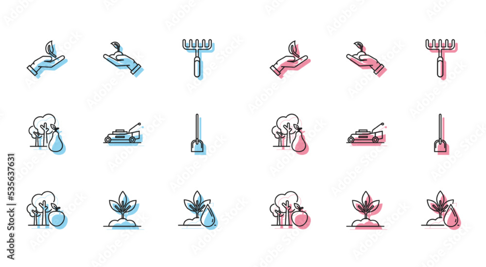 Set line Tree with apple, Plant, Sprout in hand of environmental protection, Watering plant, Lawn mower, Shovel, pears and icon. Vector