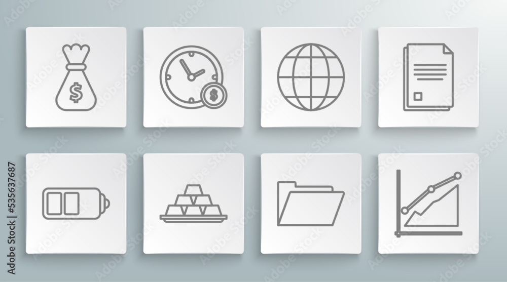 Set line Battery charge level indicator, Time is money, Gold bars, Document folder, Pie chart infographic, Earth globe, File document and Money bag icon. Vector Set line Battery charge level indicator, Time is money, Gold bars, Document folder, Pie chart infographic, Earth globe, File document and Money bag icon. Vector