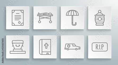 Set line Coffin, Dead body the morgue, Holy bible book, Hearse car, Speech bubble rip death, Umbrella, Funeral urn and Death certificate icon. Vector