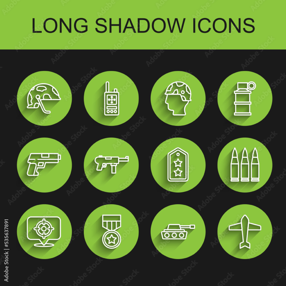 Set line Target sport, Military reward medal, helmet, tank, Jet fighter, Submachine gun M3, Bullet and rank icon. Vector Set line Target sport, Military reward medal, helmet, tank, Jet fighter, Submachine gun M3, Bullet and rank icon. Vector
