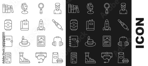 Set line Burger, Headphones, Audio jack, Magnifying glass, Book, Energy drink, and Rocket ship icon. Vector